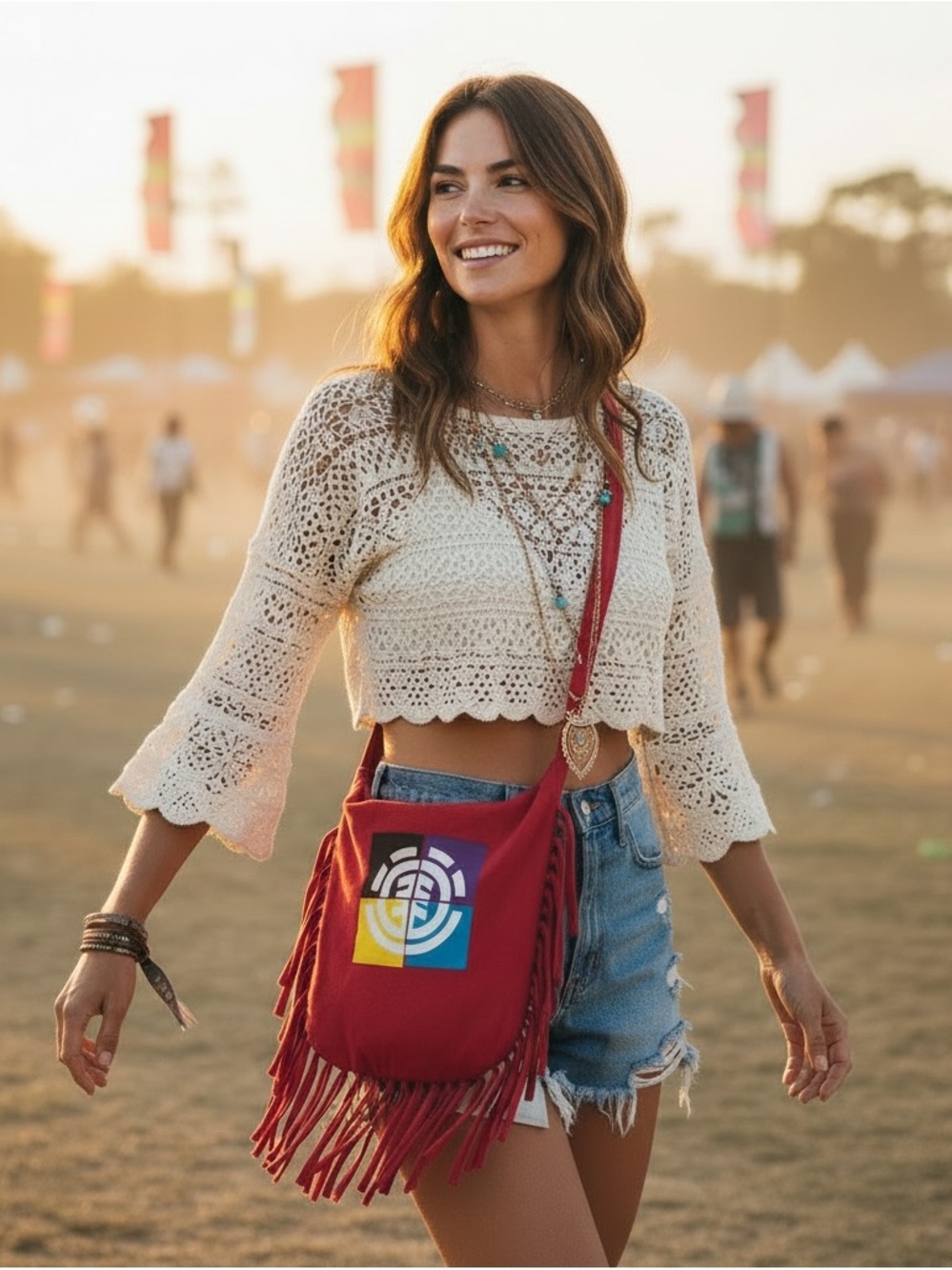 Upcycled Red Sling Shoulder Bag Element Skate Logo Festival Charms & Fringe Tote